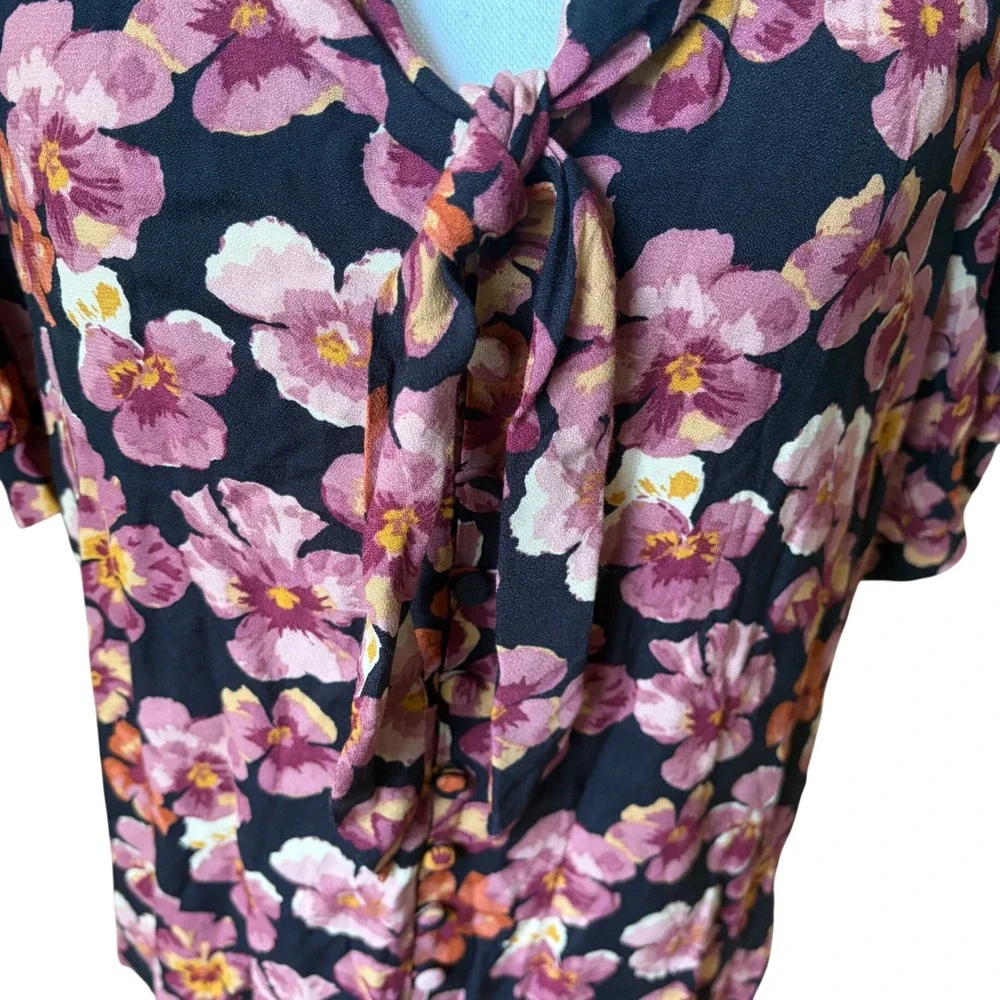 Reformation Joelle Floral Tie Neck Blouse Pansy Romantic Short Sleeve Large Boho